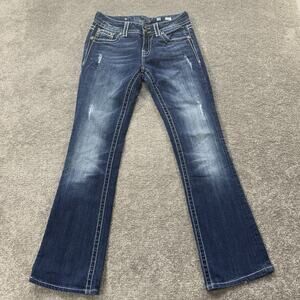 Miss Me Jeans Womens 28 Boot Cut Distressed Blue Denim Fleur de Lis Rhinestone